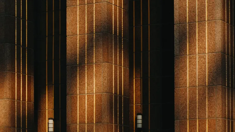 Sunlight and shadows across stone building columns, illustrating research on insurance contract exchanges.