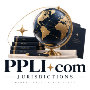 A navy and gold globe with gilded continents, set beside bound volumes lettered Tax, Trusts, Insurance and Wealth and a folder titled Global Jurisdiction Analysis, above the PPLI.com wordmark.