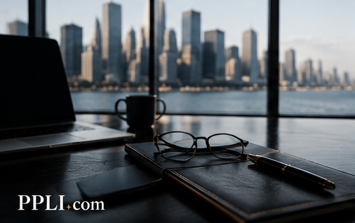 An adviser's desk overlooking a city skyline