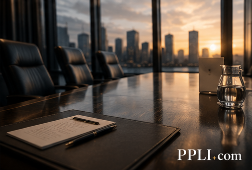 An empty boardroom at dusk