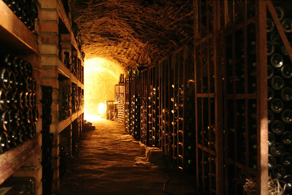 Rows of wine bottles in a vaulted brick cellar